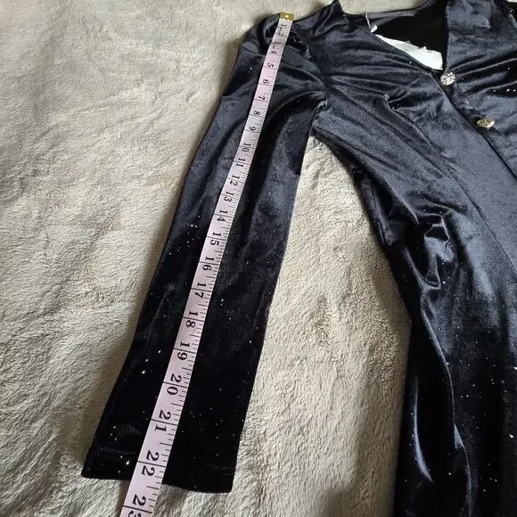 Black Velvet Mini Dress Button Front Long Sleeve Sparkle Holiday Party Cocktail - Picture 15 of 16